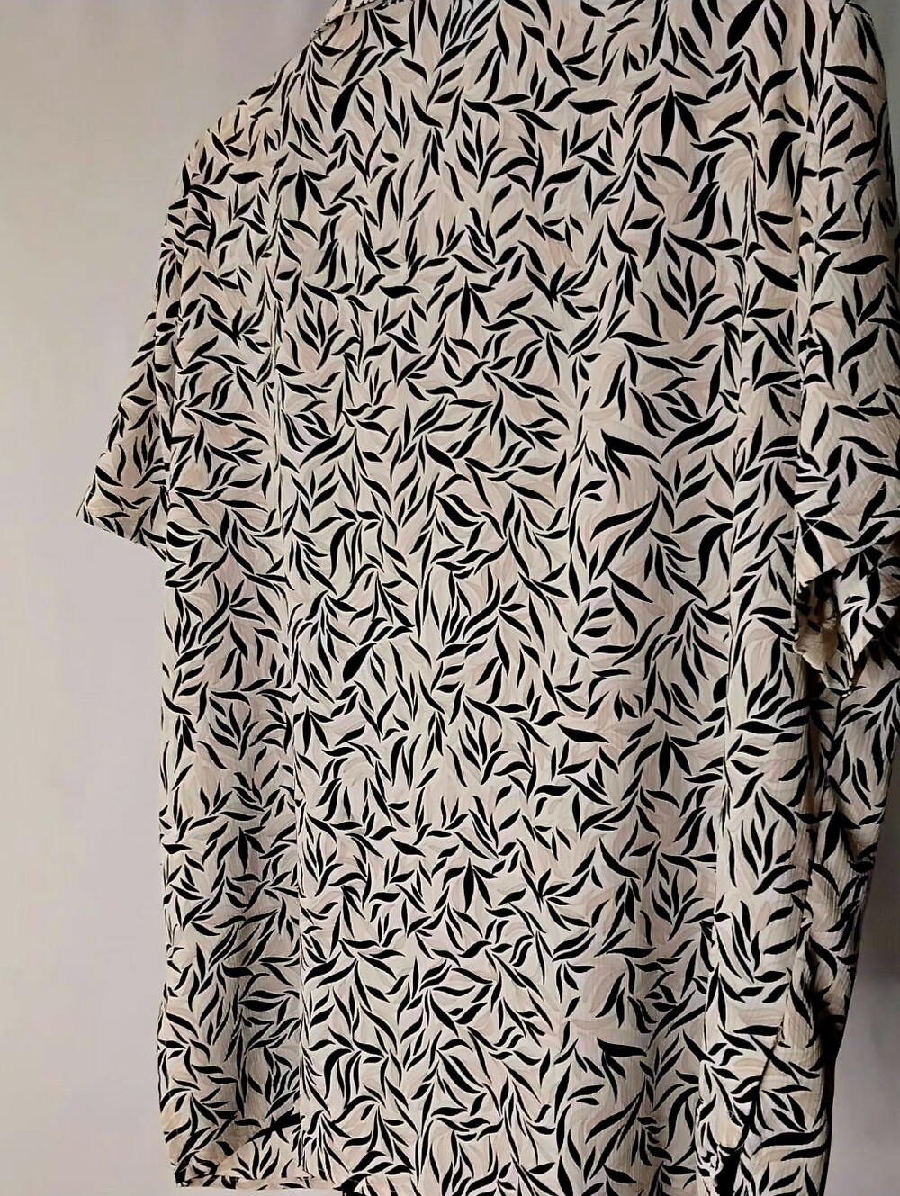 Notations Brand. Short Sleeve Beige Shirt with Black Leaf Print, Black Underlay - Picture 2 of 3